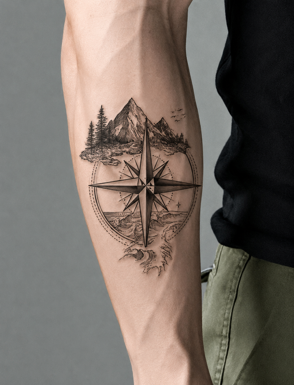 Adventure Compass Mountain & Ocean Semi-Permanent Tattoo