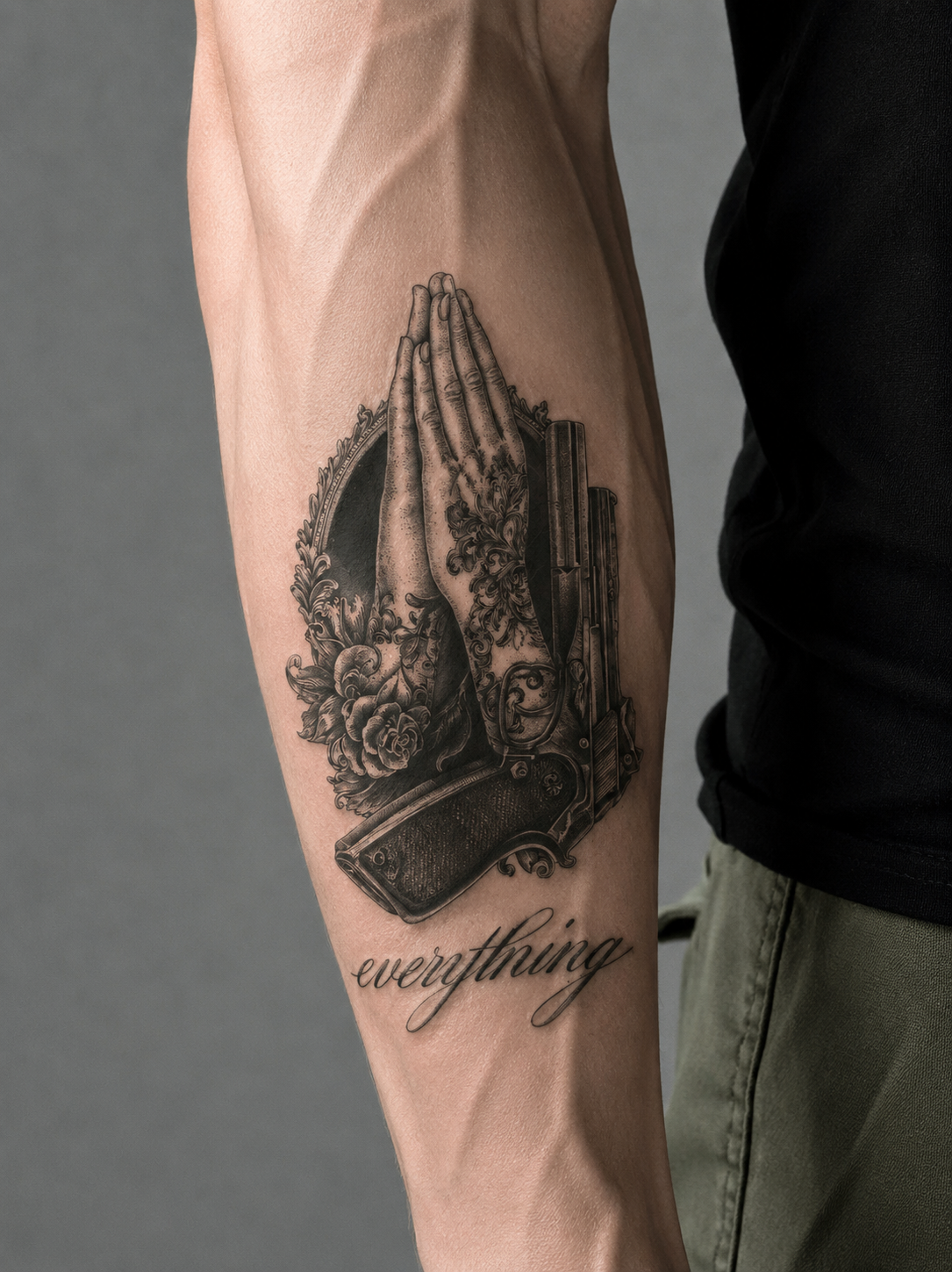 Faith Through Everything Praying Hands Semi-Permanent Tattoo