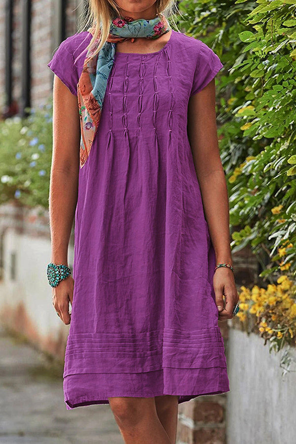 Casual Pleated Short Sleeve Cotton Dress