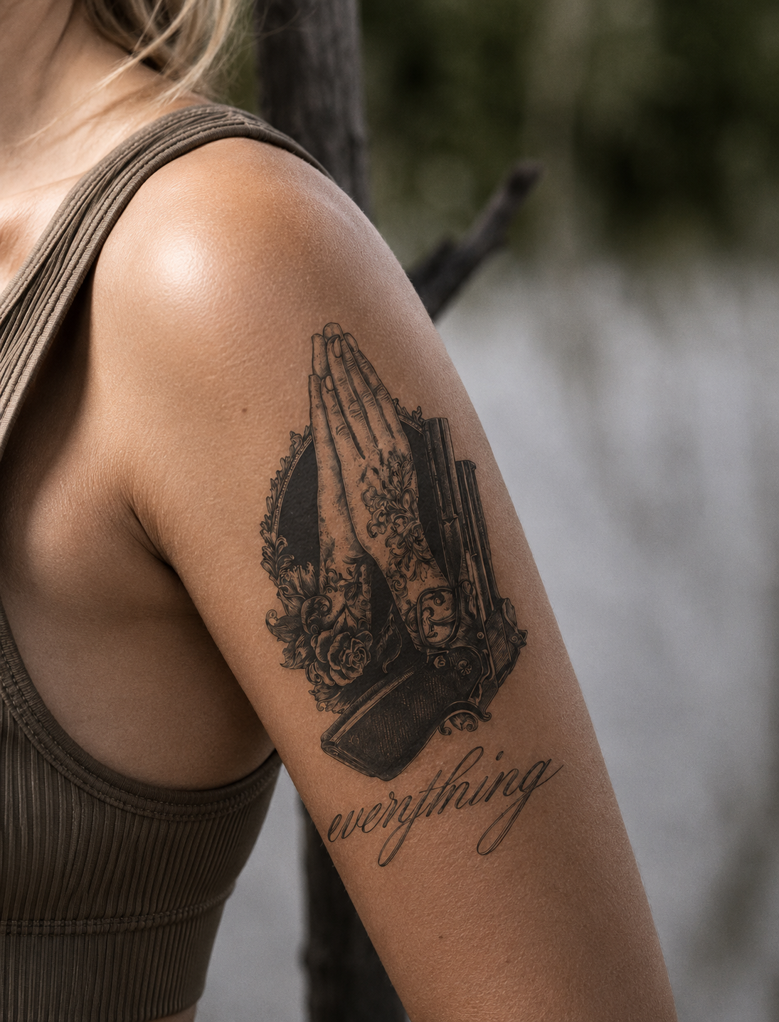 Faith Through Everything Praying Hands Semi-Permanent Tattoo