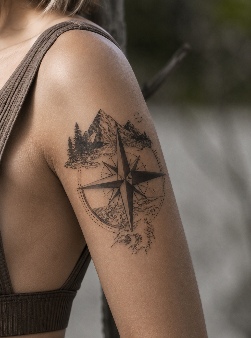 Adventure Compass Mountain & Ocean Semi-Permanent Tattoo